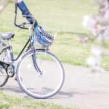 満開のソメイヨシノなどが楽しめる東京の桜名所、大森ふるさとの浜辺公園にある芝生（グリーン）エリアに咲くソメイヨシノと、散策路に置かれた自転車