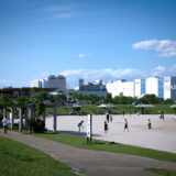 清々しい新緑・芝生と白い砂浜・青い海が気持ちよく、5月の青空と花木が映える、都内初の海浜公園「大森ふるさとの浜辺公園」