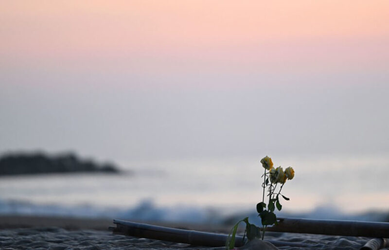 2022年3月11日午前5時40分、宮城県仙台市若林区の荒浜の浜辺に手向けられた花