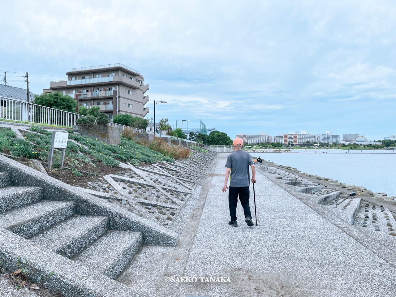 東京都大田区大森・昭和島にある「見晴らしばし公園」にて日課の散歩をする、フリーライター・カメラマン田中佐江子の父の生前の姿