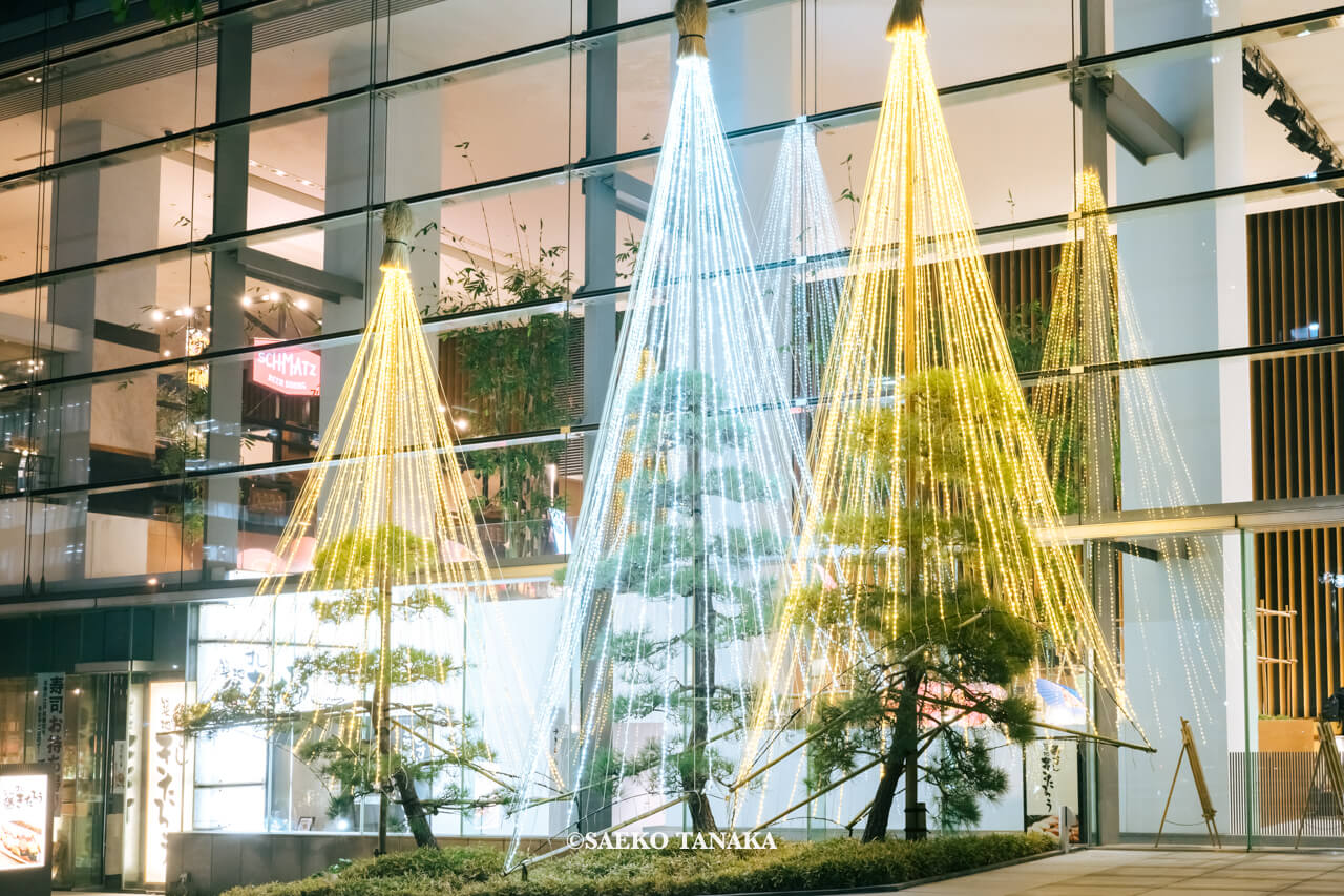 東京の人気おすすめクリスマス・イルミネーションスポット｜和と光のWinter Festaのイベント企画にて築地川銀座公園に面したガラス張りの壁面を雪吊りイルミネーションで彩られた銀座松竹スクエア（東京・東銀座）