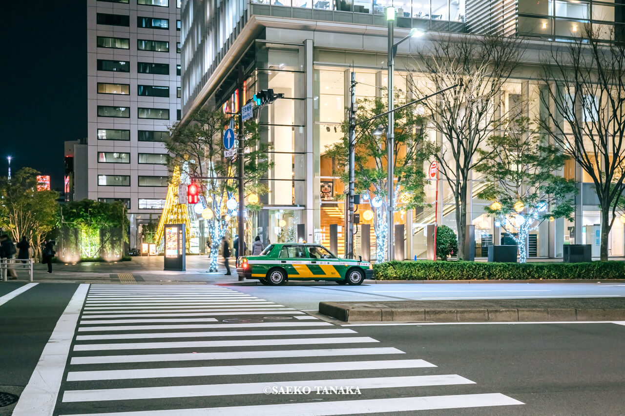 東京の人気おすすめクリスマス・イルミネーションスポット｜和と光のWinter Festaのイベント企画にて築地川銀座公園に面したガラス張りの壁面を雪吊りイルミネーション、晴海通り沿い街路樹を球体イルミネーションでそれぞれ彩られた銀座松竹スクエア（東京・東銀座）
